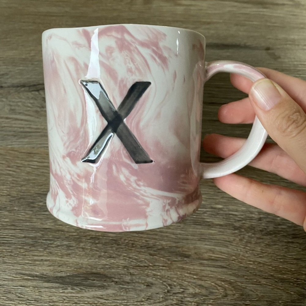 New Anthropologie Pink Marbled Monogram Mug Letter "X” Tea Coffee Cup Gift